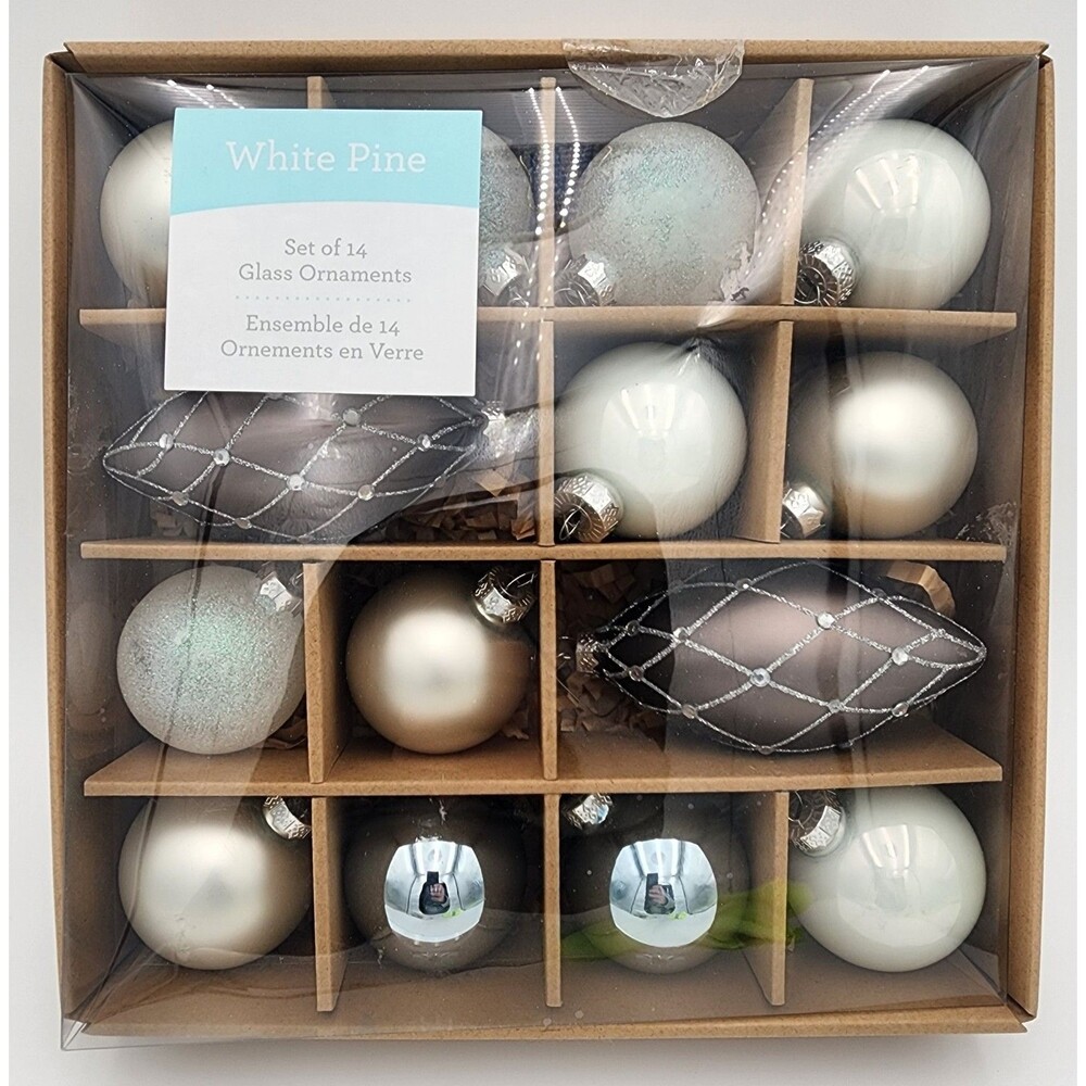 Set of 14 White Pine Ornaments ~ Various Colors & Shapes (Round & Teardrop)